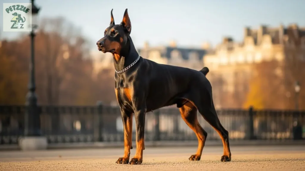 Doberman em pé em parque urbano, evidenciando porte médio/grande e corpo atlético.