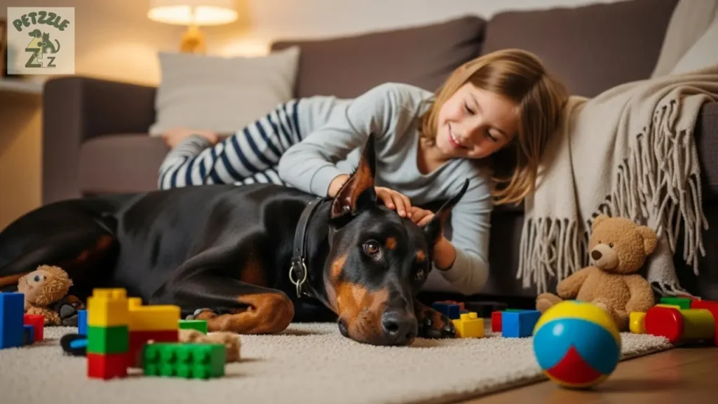 Doberman deitado em sofá ao lado de criança, transmitindo vínculo afetivo e sensação de proteção.