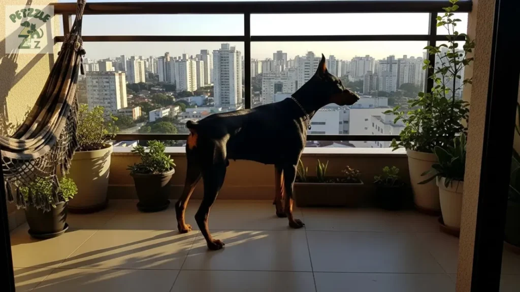 Doberman em varanda de apartamento com vista para prédios, mostrando adaptação à vida urbana.
