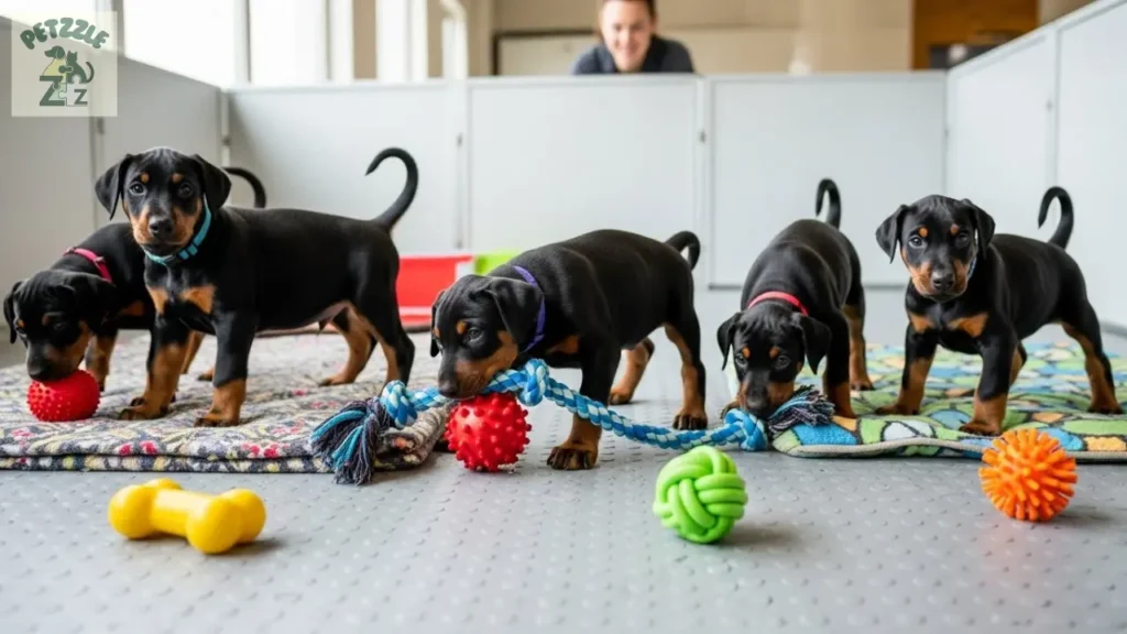Vários filhotes de Doberman em canil limpo, brincando e explorando o ambiente com curiosidade.