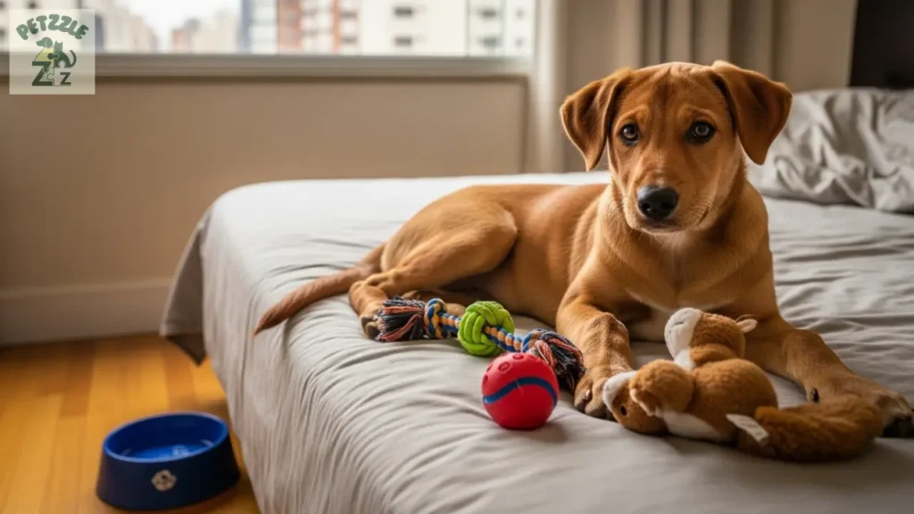 Filhote em apartamento com caminha e brinquedos, pronto para rotina de cuidados.