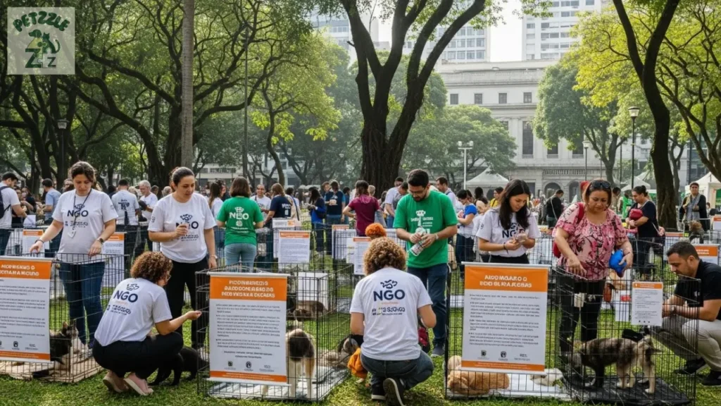 Feira de Adoção em parque de São Paulo com voluntários e famílias conhecendo pets.