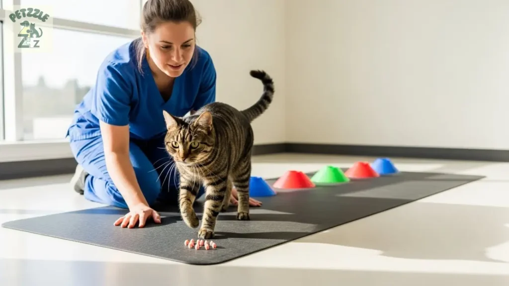 Avaliação de marcha em gato com foco em Fisioterapia para animais em sala de reabilitação.
