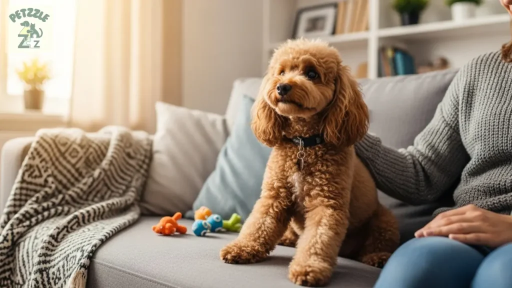 Tutor no sofá com Poodle Toy ao lado, momento de companhia.