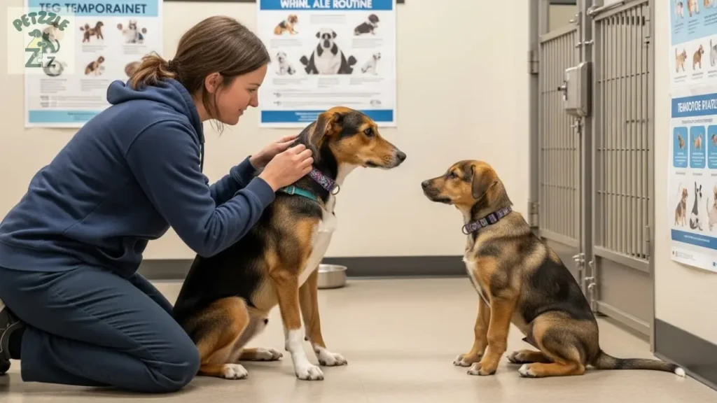 Tutor conhecendo cão adulto e filhote em abrigo, observando comportamento e temperamento.