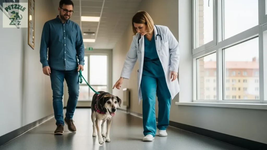 Veterinário observando caminhada de cão idoso para análise de postura e equilíbrio.
