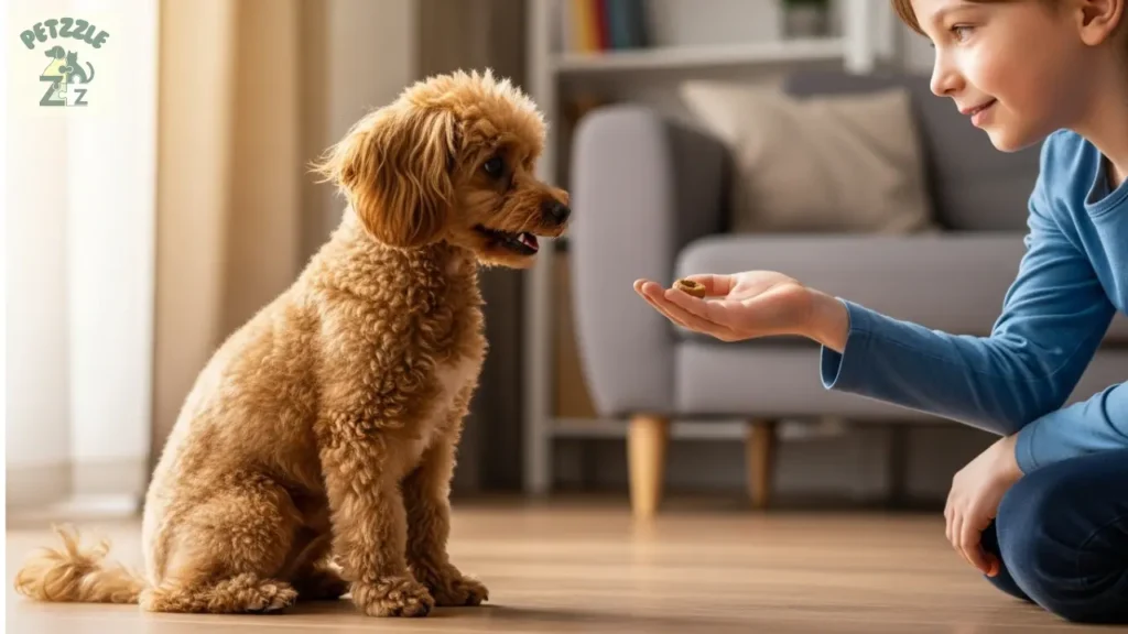 Poodle Toy sentado recebendo petisco de uma criança, convivência tranquila.