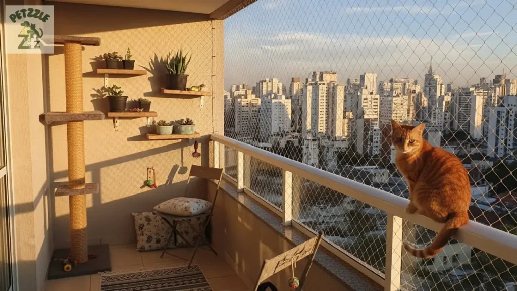 Varanda telada com gato em apartamento, enriquecimento ambiental com arranhador e prateleiras.