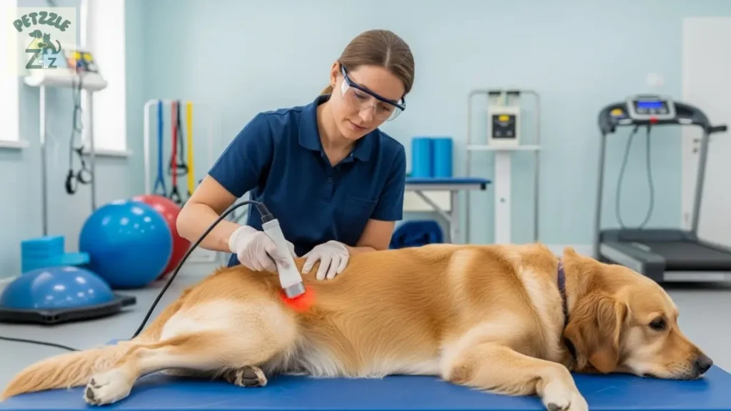Aplicação de laser terapêutico em membro de cachorro deitado em colchonete clínico.