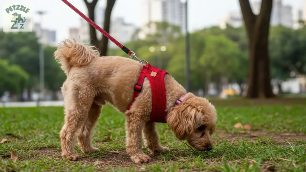 Poodle Toy passeando em parque urbano em São Paulo com guia e peitoral.