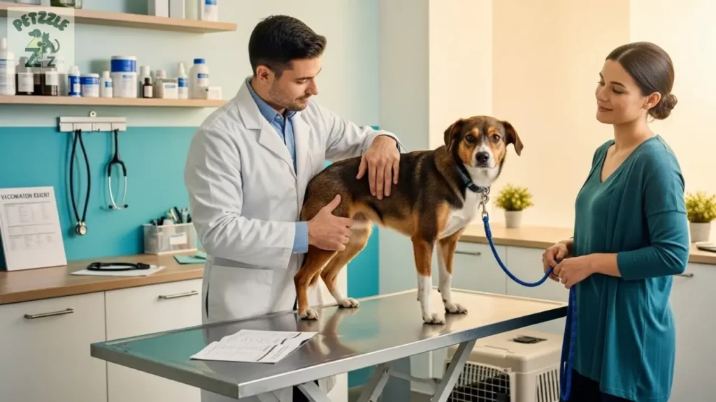 Primeira consulta após a Adoção: veterinária examinando cachorro com tutor ao lado.