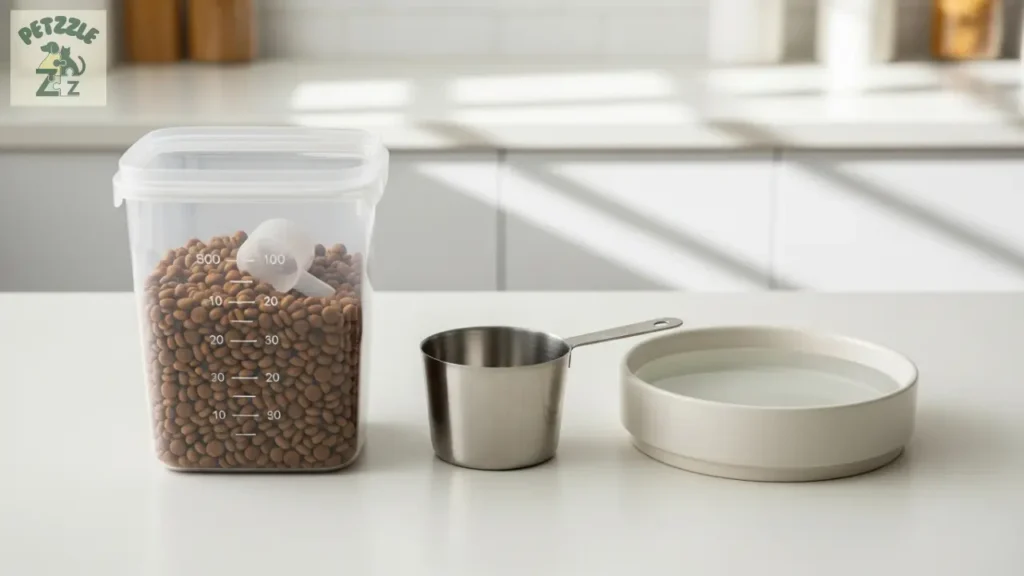 Porção medida de ração e água: cuidados com filhotes na alimentação diária.