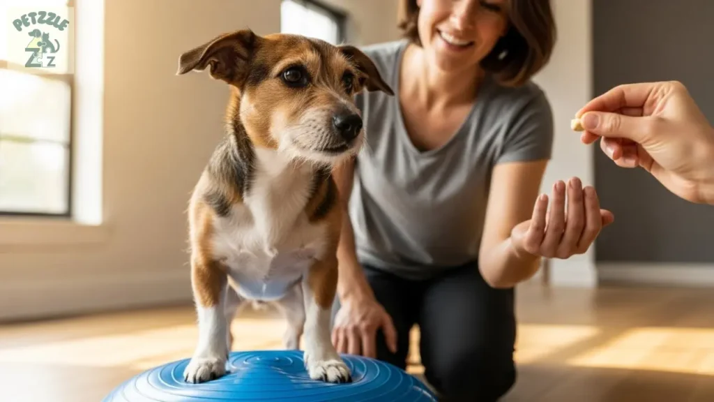 Exercício de equilíbrio com disco proprioceptivo na Fisioterapia para animais para fortalecer e prevenir lesões.