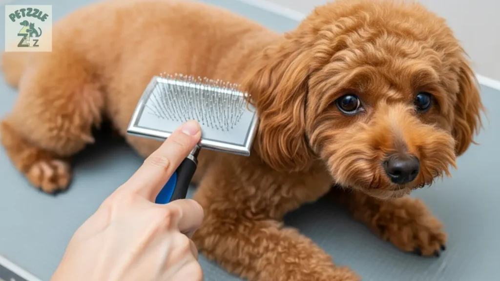 Escovação da pelagem do Poodle Toy em ambiente de grooming.