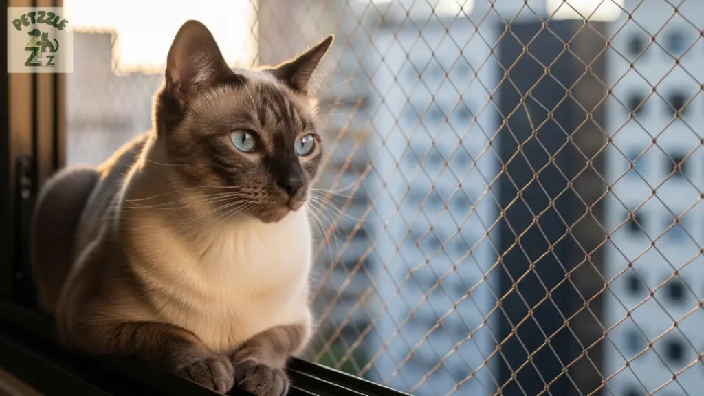 Gato Siamês com olhos azuis em janela telada de apartamento.