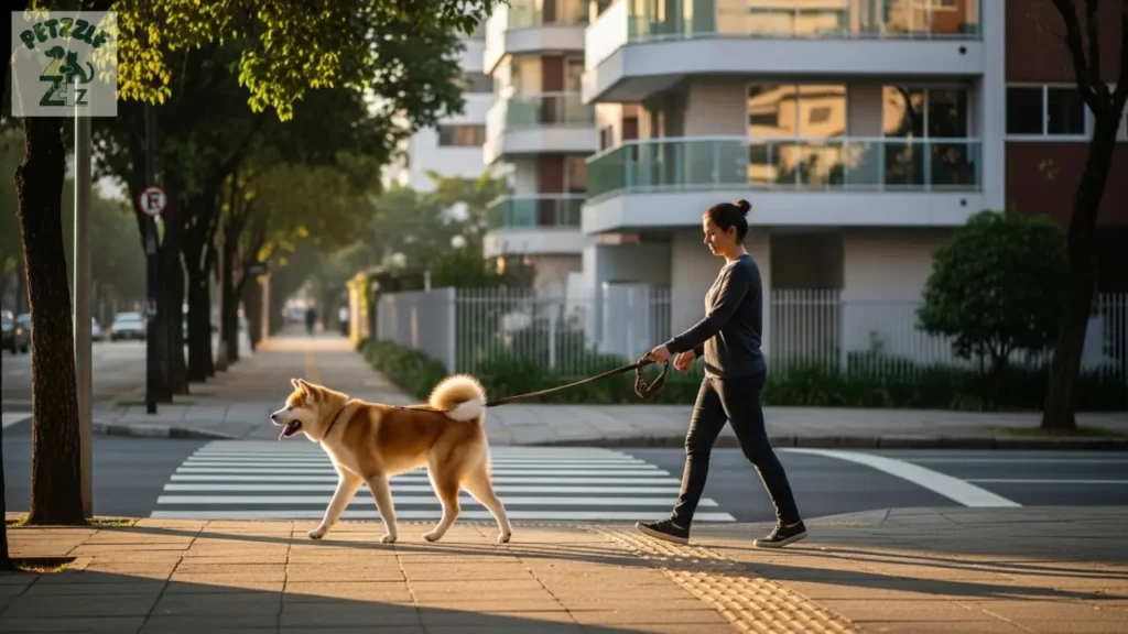 Akita caminhando na guia ao lado do tutor em uma rua de São Paulo.