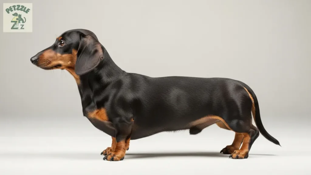 Perfil lateral de um Dachshund mostrando formato do corpo.