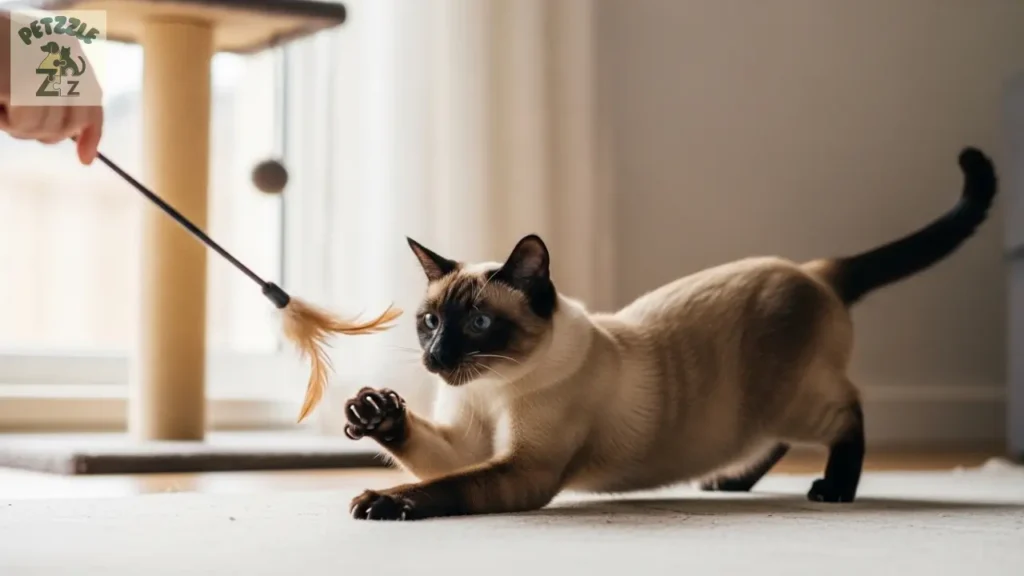 Tutor brincando com gato Siamês usando varinha com penas.