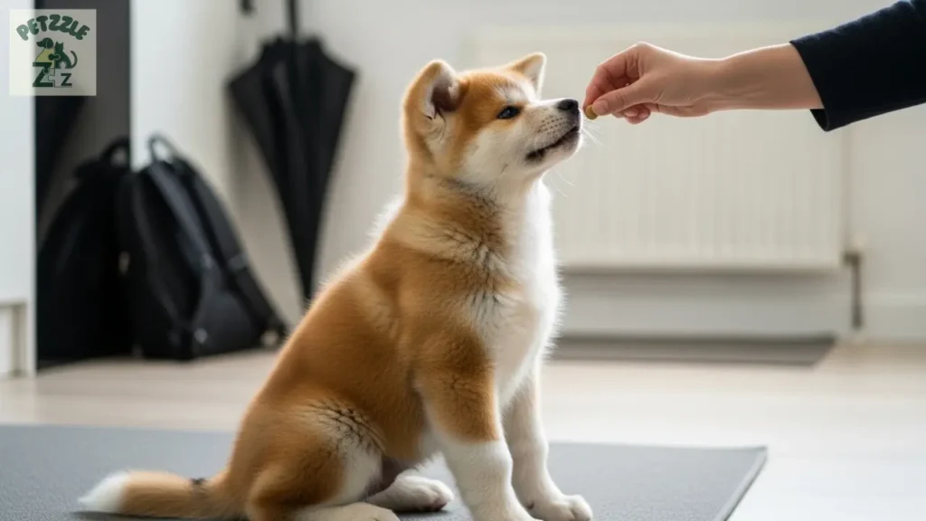 Filhote de Akita Inu recebendo petisco durante treino e socialização em casa.