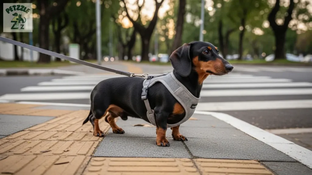 Dachshund passeando em rua urbana com peitoral.