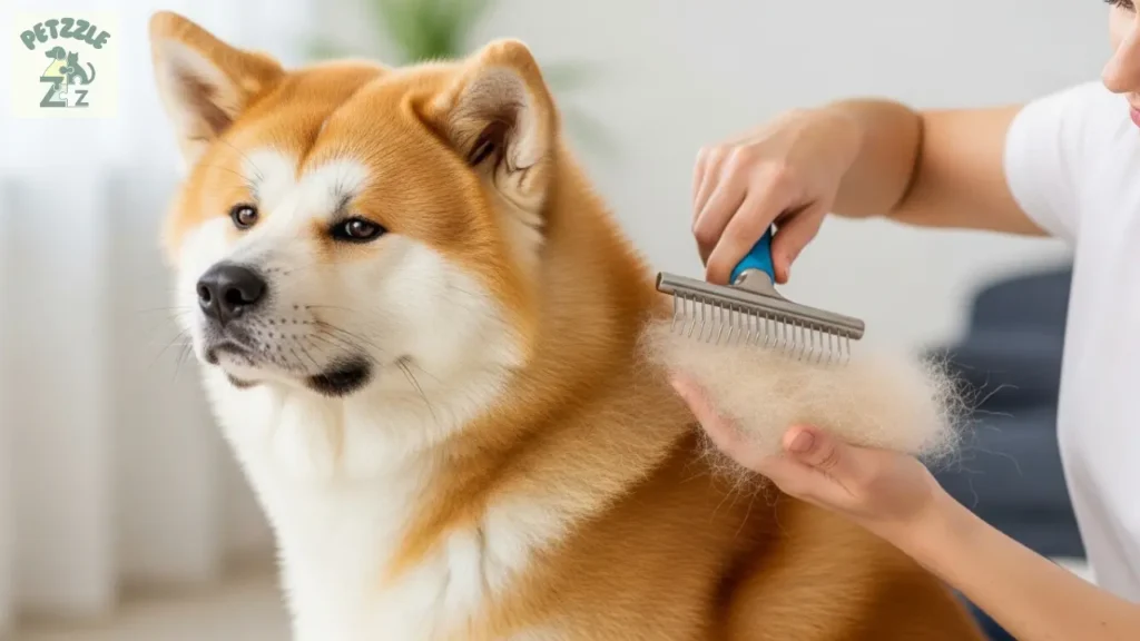 Tutor escovando o pelo denso de um Akita Inu para controlar a troca de pelos.