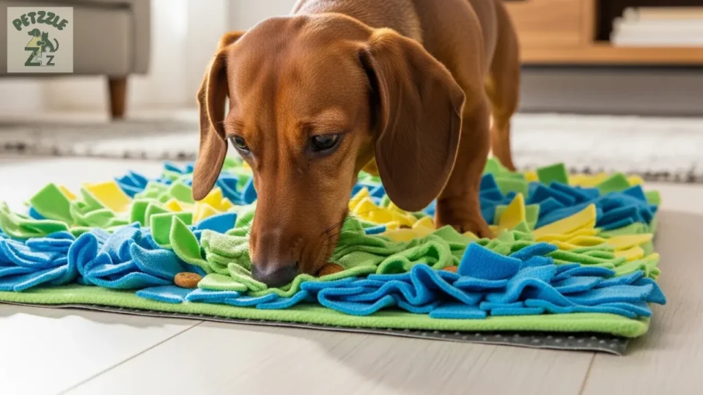 Dachshund fazendo atividade de faro em casa.