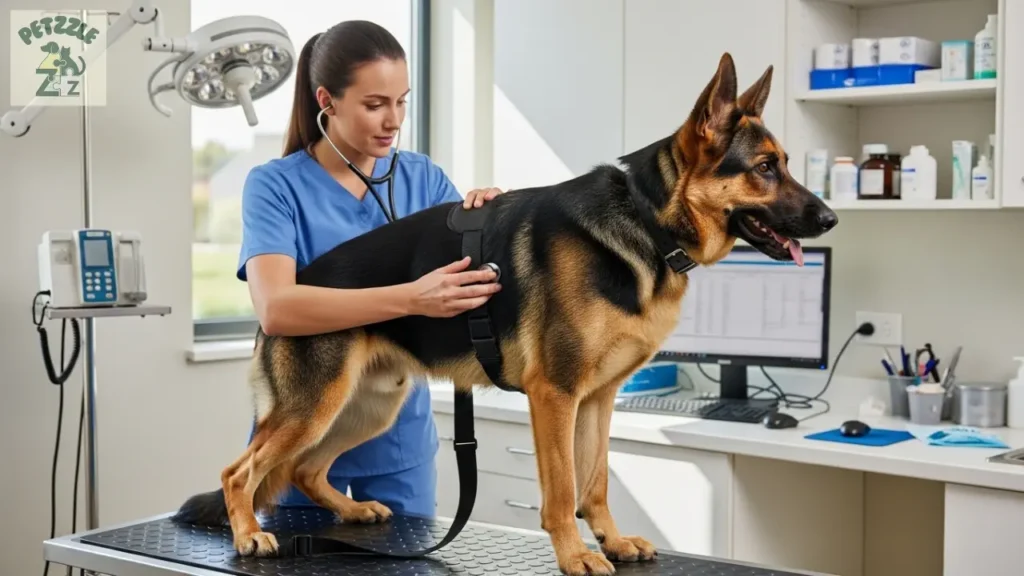 Pastor Alemão em check-up veterinário de rotina.