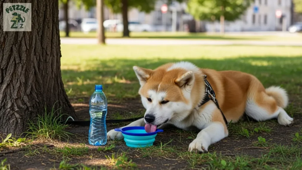 Akita Inu fazendo pausa para hidratação durante passeio em dia quente.