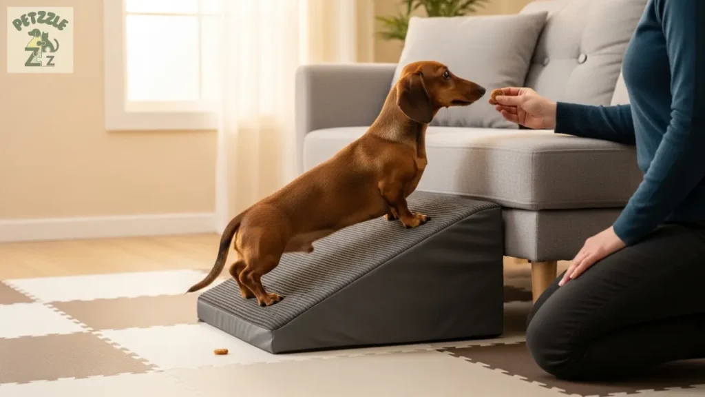 Dachshund usando rampa para evitar pular no sofá.