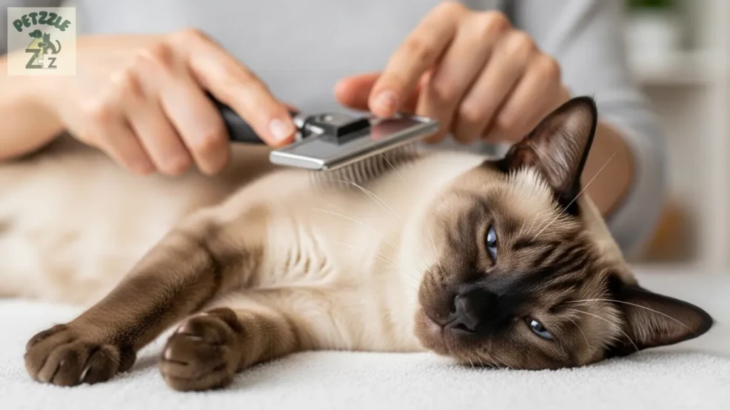 Escovação leve no gato Siamês de pelo curto.