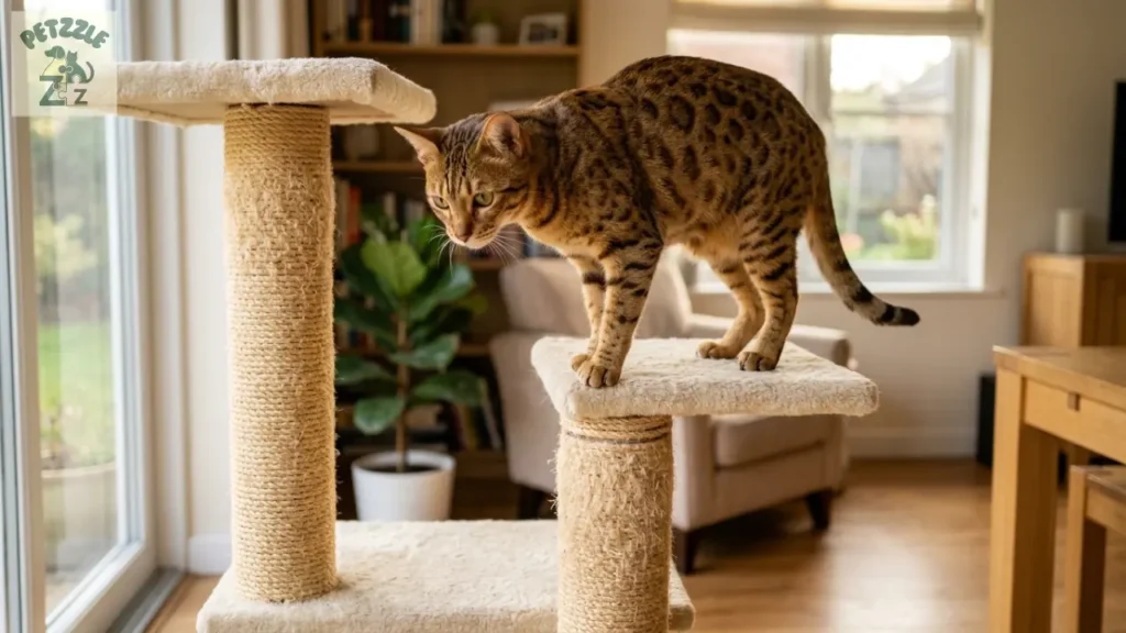 Ocicat em um arranhador alto dentro de casa