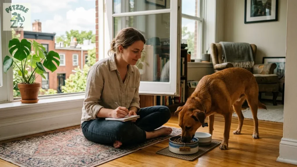 Tutora observando quando o pet não quer comer em casa com calma e atenção.