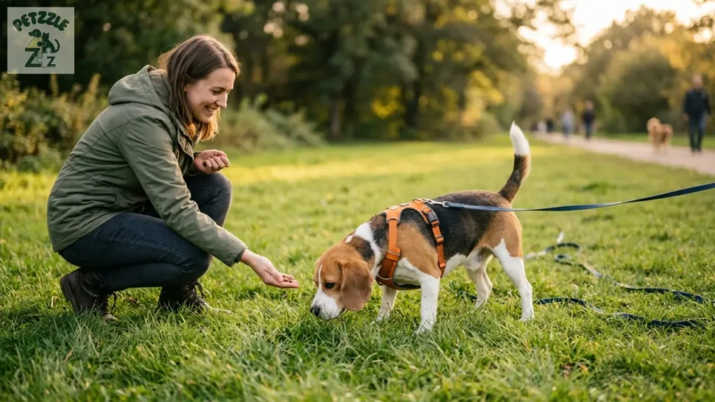Beagle em treino de faro com reforço positivo no parque.