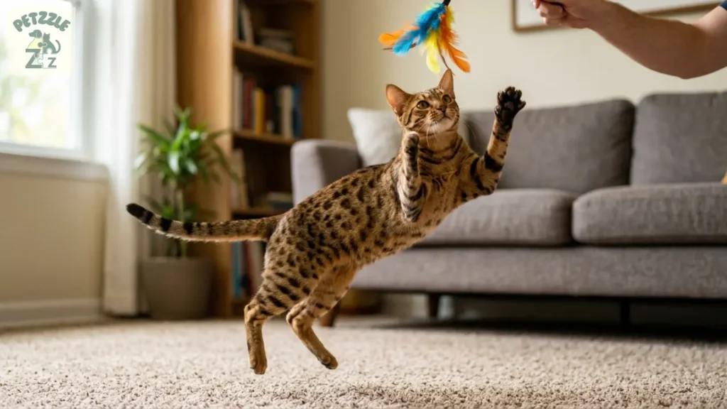 Ocicat brincando com varinha de pena na sala