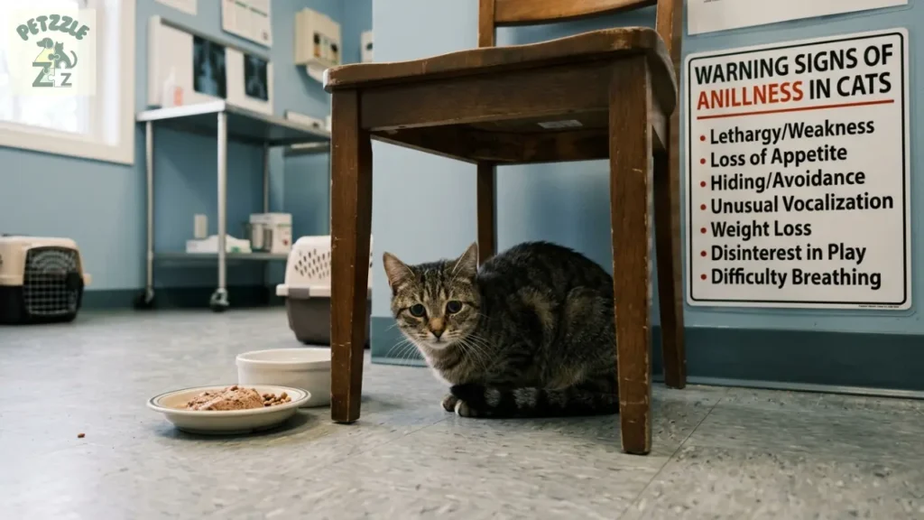 Gato abatido escondido perto do pote de comida mostrando sinais de alerta.