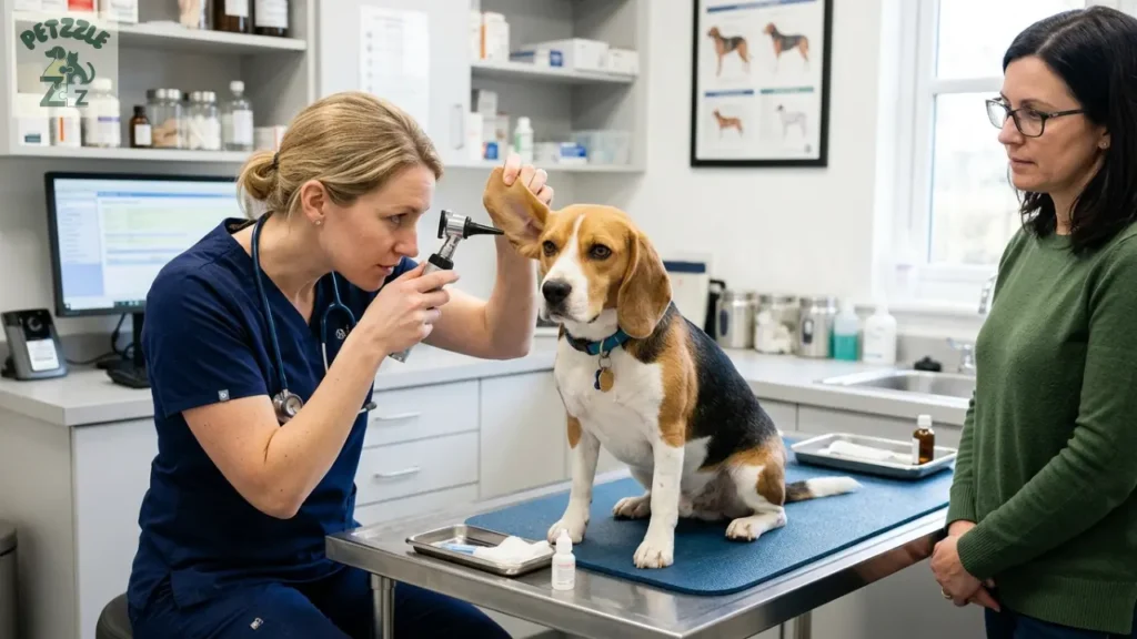 Veterinário examinando as orelhas de um cão da raça beagle.