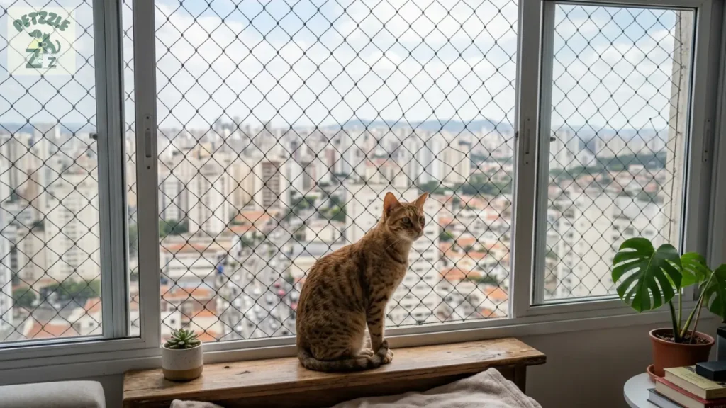 Ocicat olhando pela janela telada em São Paulo