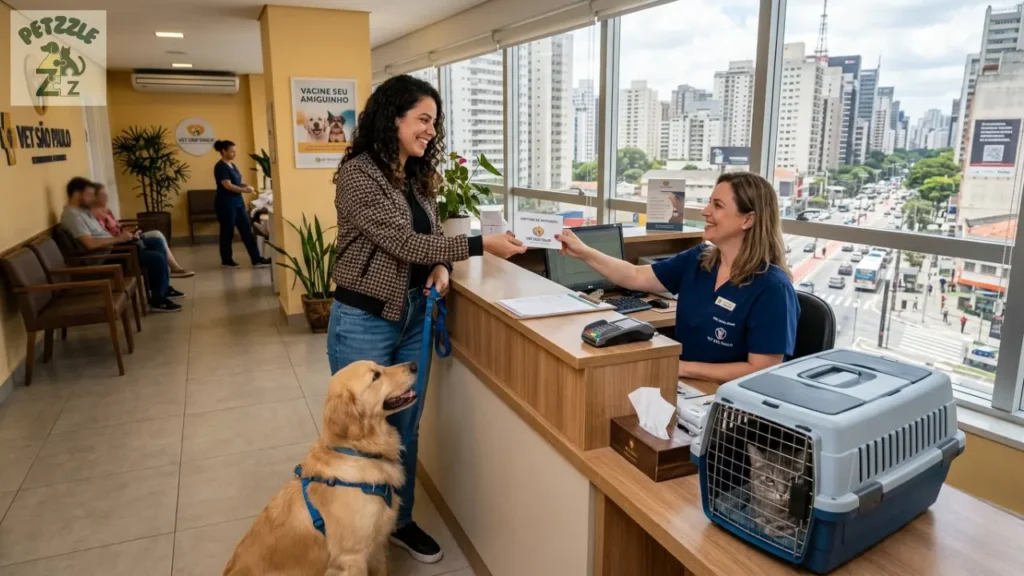 Tutor levando documentos e pet para vacinação em clínica