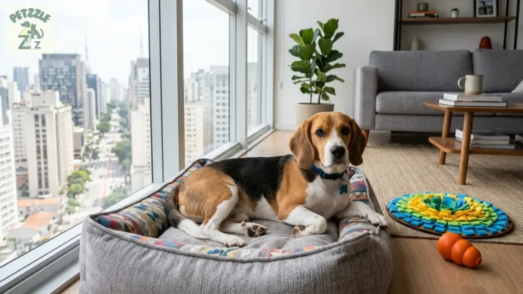 Beagle vivendo bem em apartamento com enriquecimento ambiental.