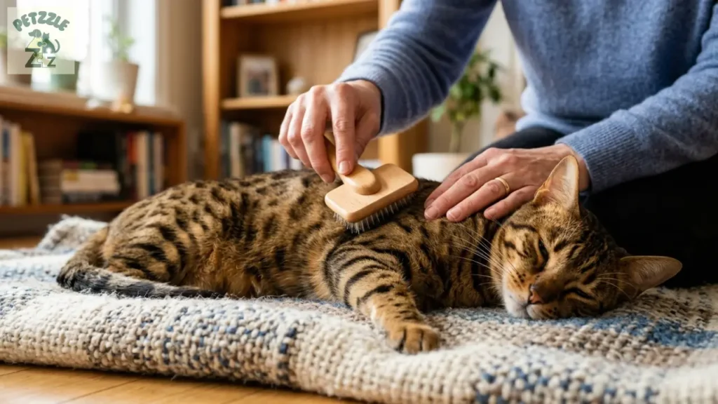 Tutor escovando a pelagem curta de um Ocicat