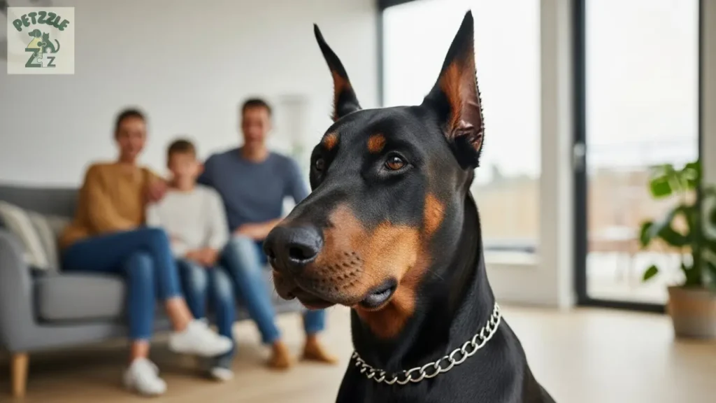 Doberman adulto sentado em sala moderna com família ao fundo, mostrando expressão atenta e carinhosa.