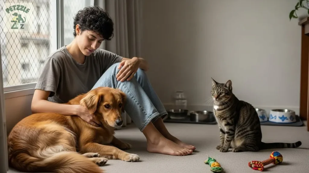 Pessoa em apartamento em São Paulo com cachorro e gato recém-chegados em casa.