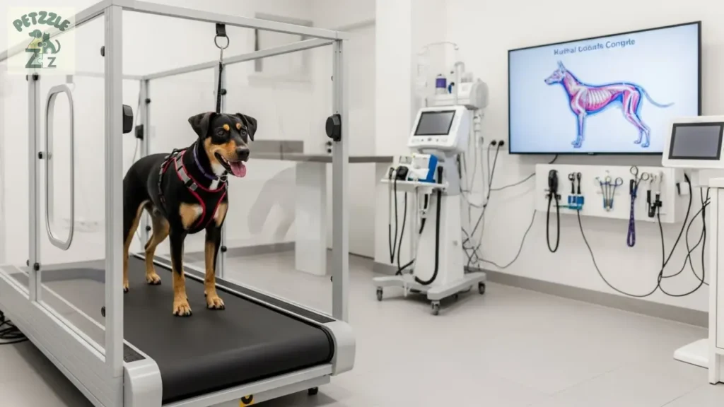 Cão em esteira aquática durante sessão de reabilitação veterinária em clínica de São Paulo.