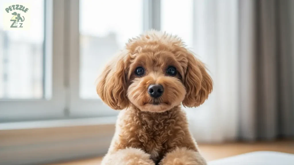 Poodle Toy caramelo em apartamento, olhando para a câmera.