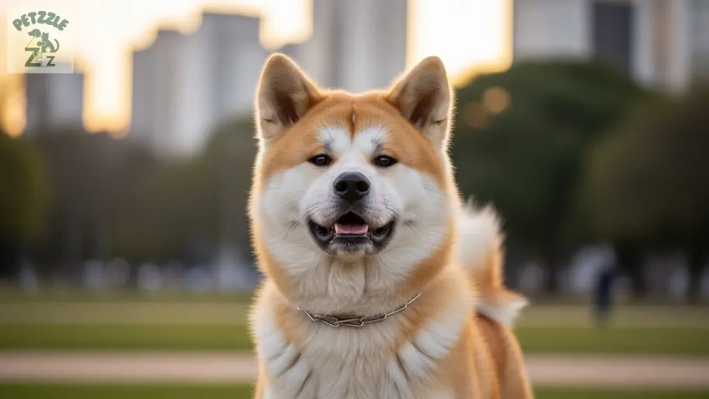 Akita Inu adulto em um parque urbano de São Paulo ao pôr do sol.