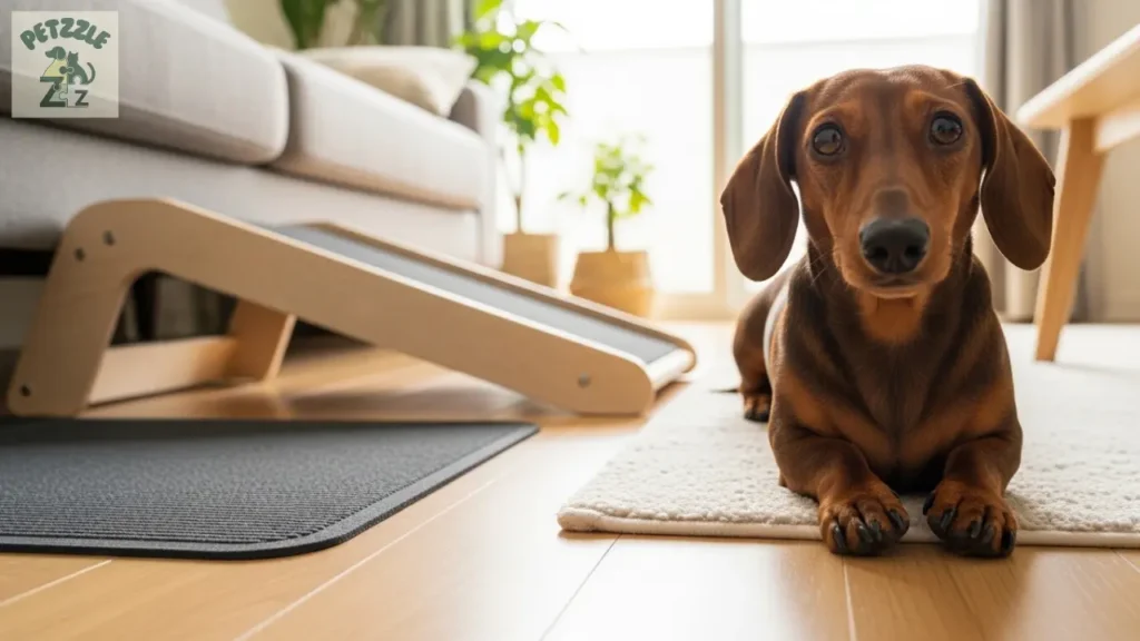 Dachshund em apartamento com rampa ao lado do sofá.