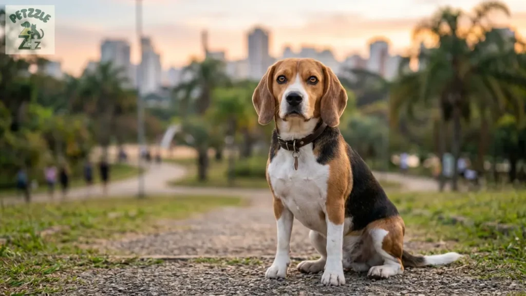 Beagle tricolor olhando para a câmera em parque urbano.