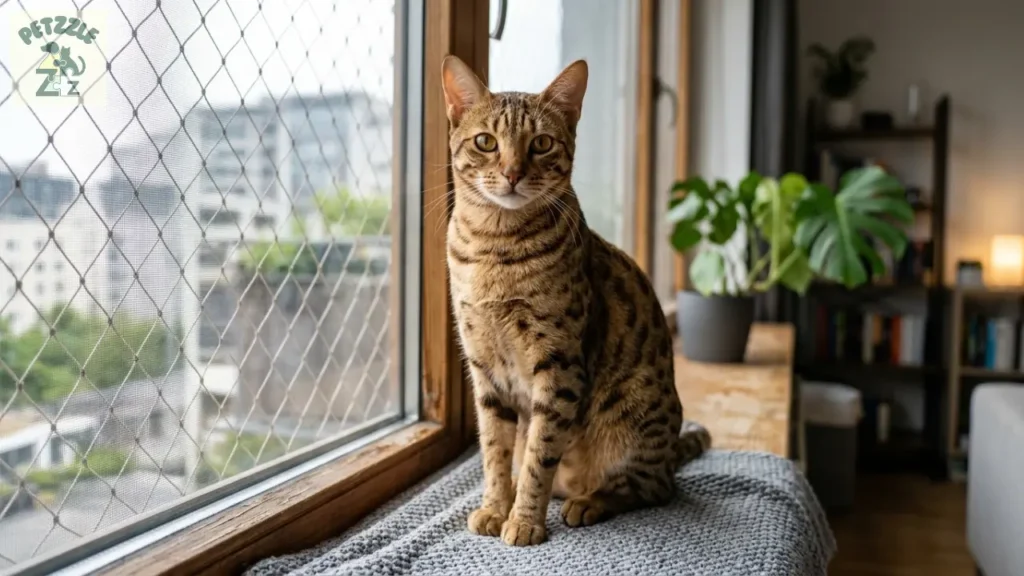 Gato Ocicat de pelagem manchada em apartamento com tela na janela