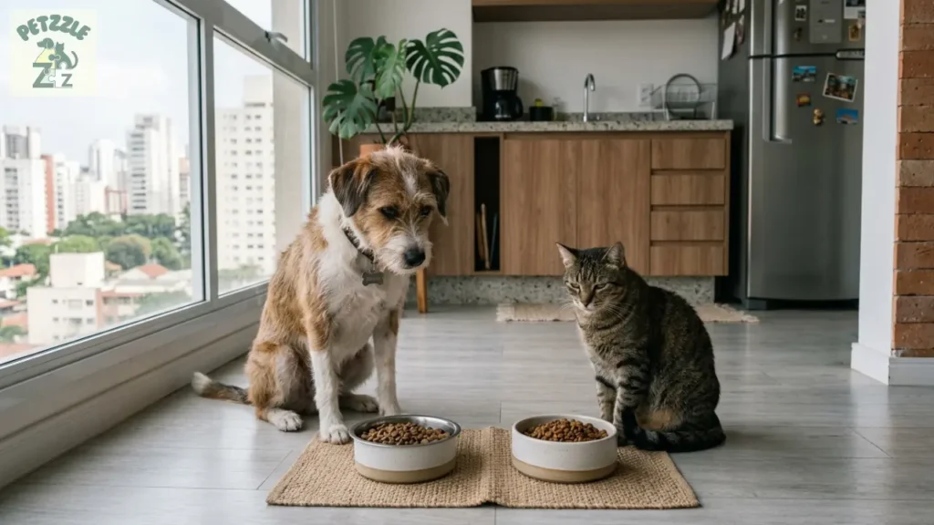 Cachorro e gato diante do comedouro sem vontade de comer em apartamento.