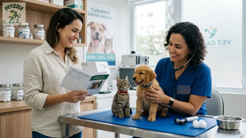Veterinário atendendo filhote de cachorro e gato com tutor em clínica